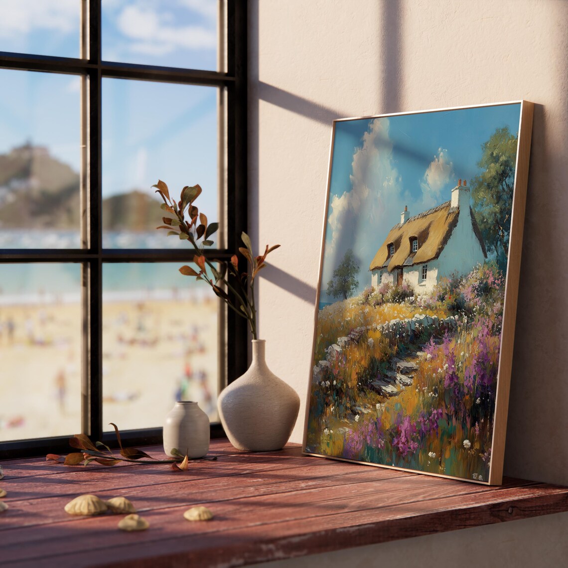 Thatched Roof Cottage in Wildflower Meadow Blue Sky Summer Poster - Image 3