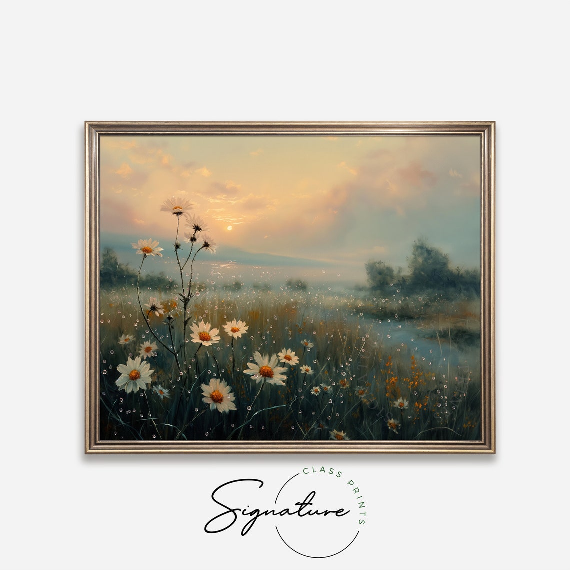 Dewy White Daisies Dawn Misty Sunrise Meadow Soft Floral Nature Poster - Image 4