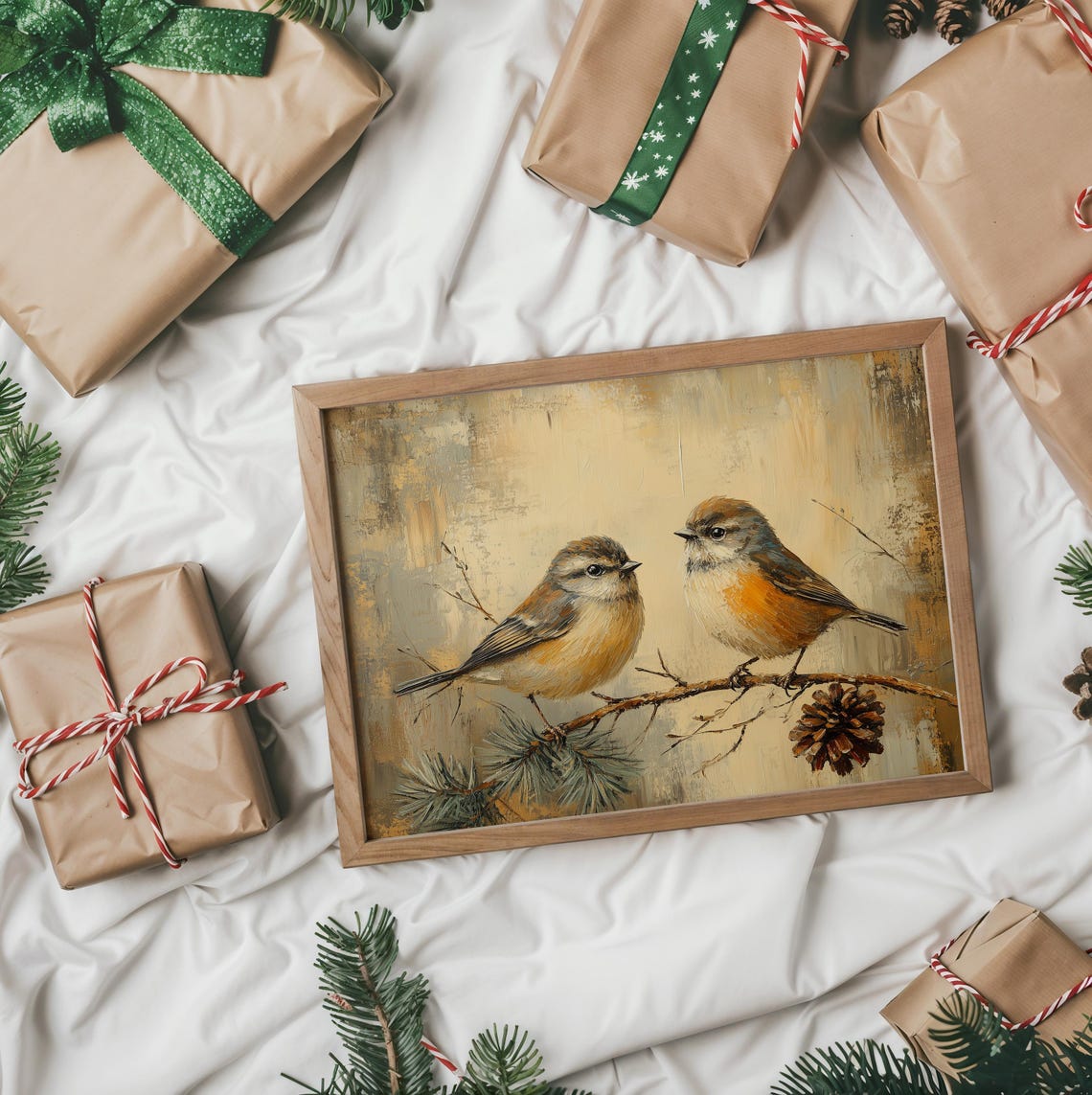 Two Small Songbirds On A Pine Branch With Pinecone Painting Poster - Image 2