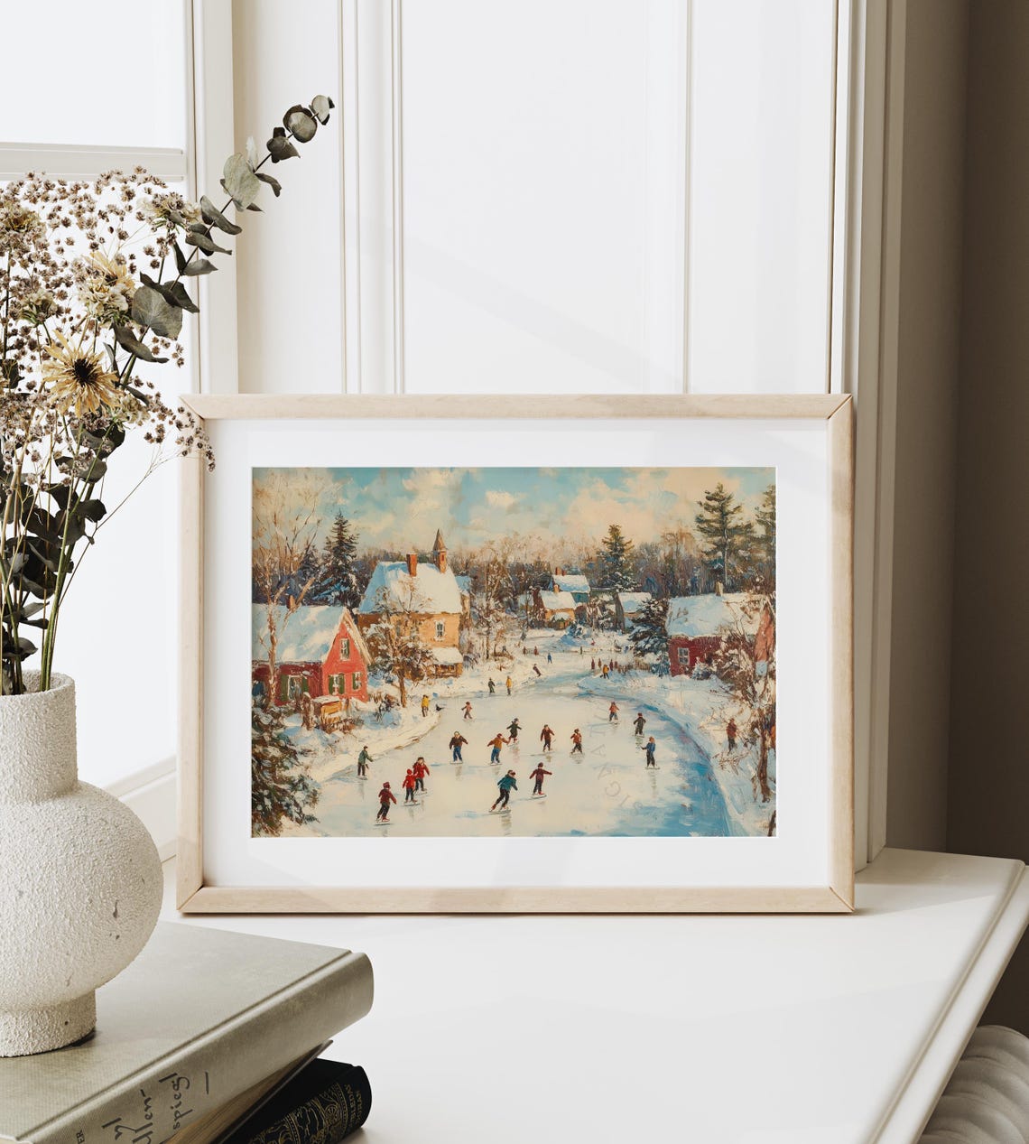 Village Skaters On A Frozen River Beneath Snow Covered Cottages Poster - Image 6