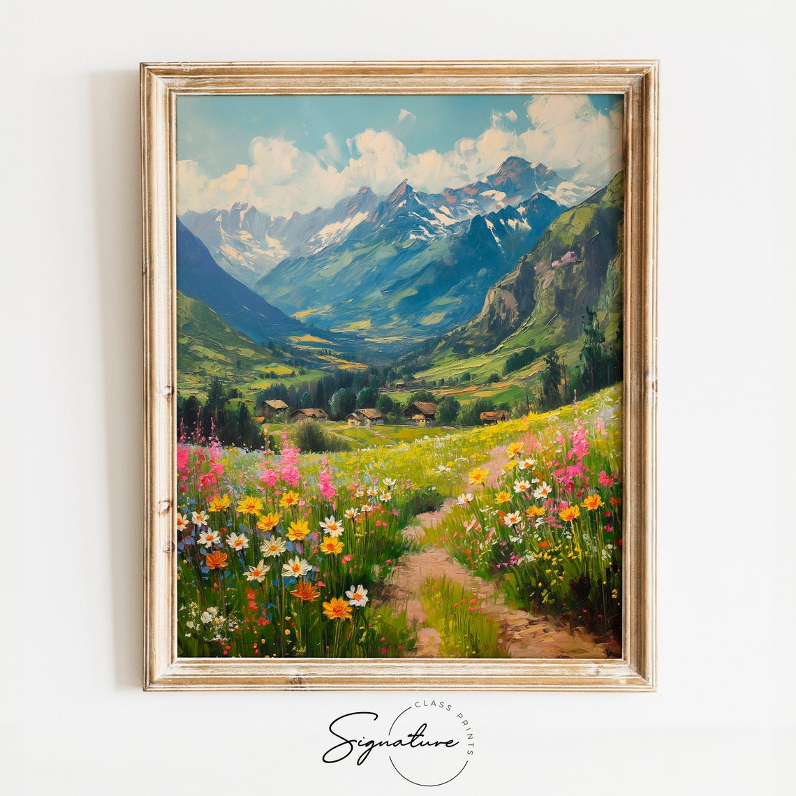 Spring Alpine Valley Flower Path Toward Cabins And Snowy Peaks Poster