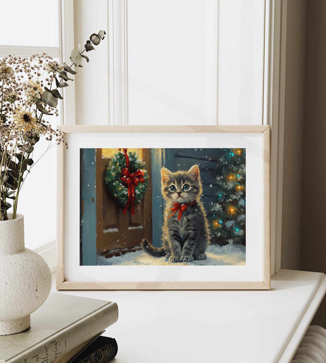 Tabby Kitten With a Red Bow on a Snowy Christmas Doorstep Poster - Image 6