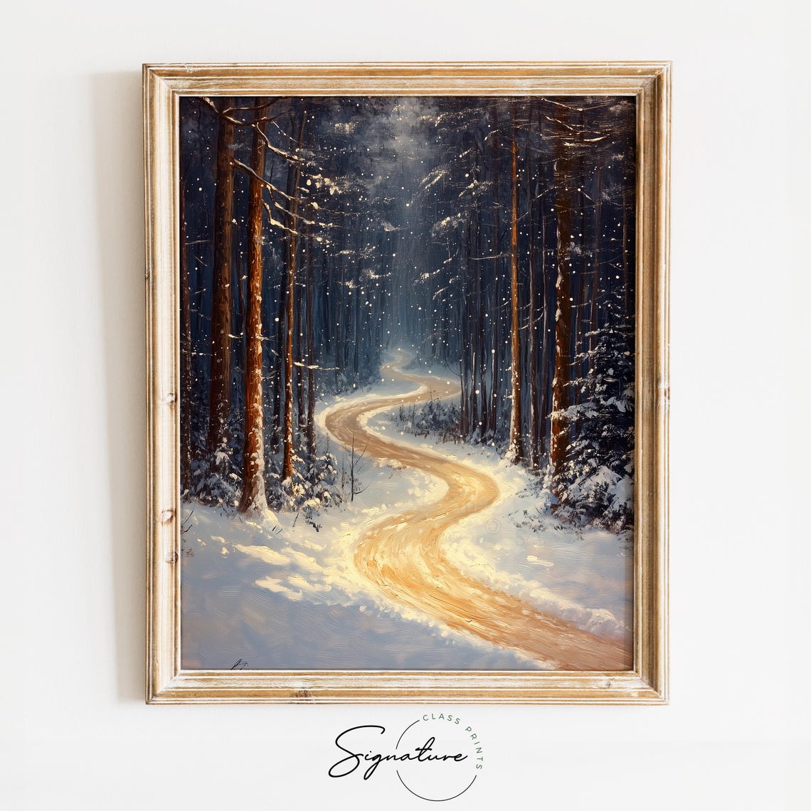 Moonlit Winding Trail Through Snow Laden Pine Forest Night Poster