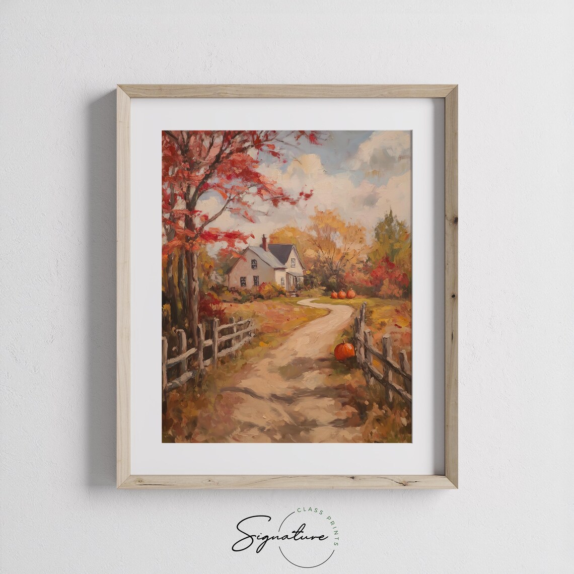 Autumn Country Lane with Farmhouse Split Fences and Pumpkins Poster - Image 3