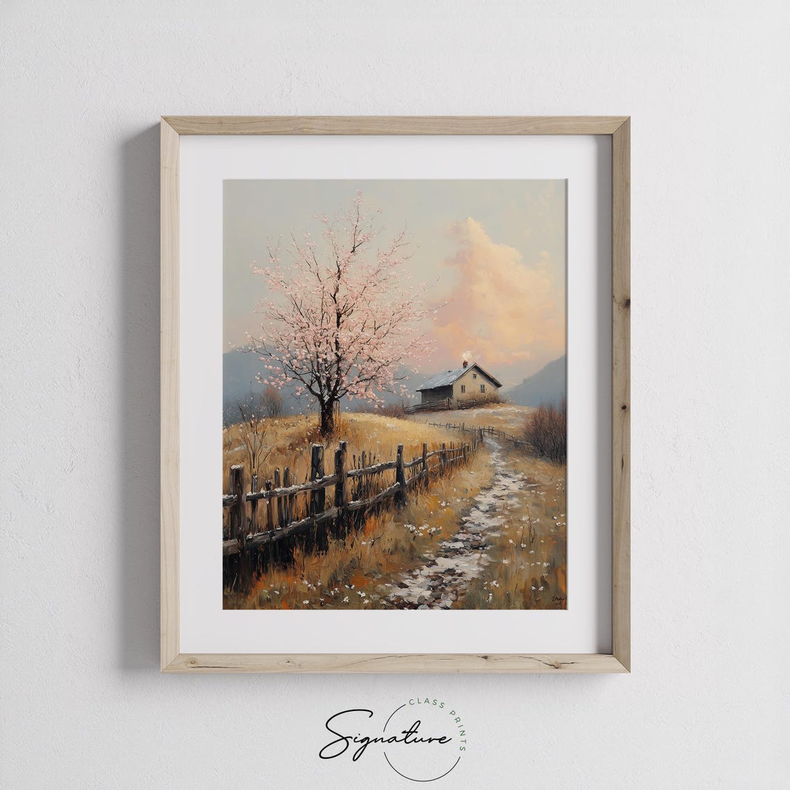 Cottage On A Quiet Hillside Rustic Autumn Fence Cherry Blossom Poster - Image 2