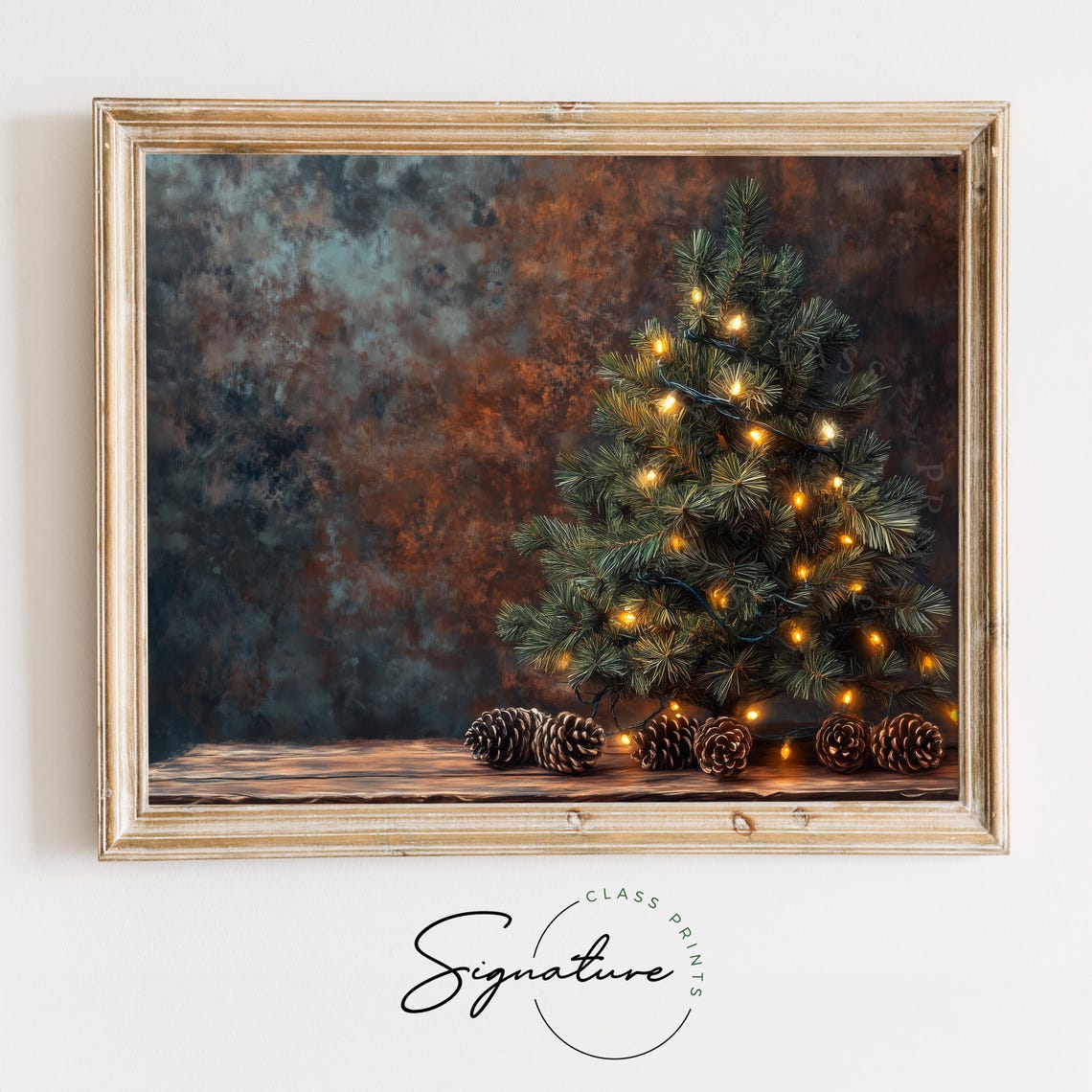 Rustic Mini Evergreen Tree with Lights and Pinecones on Wood Poster