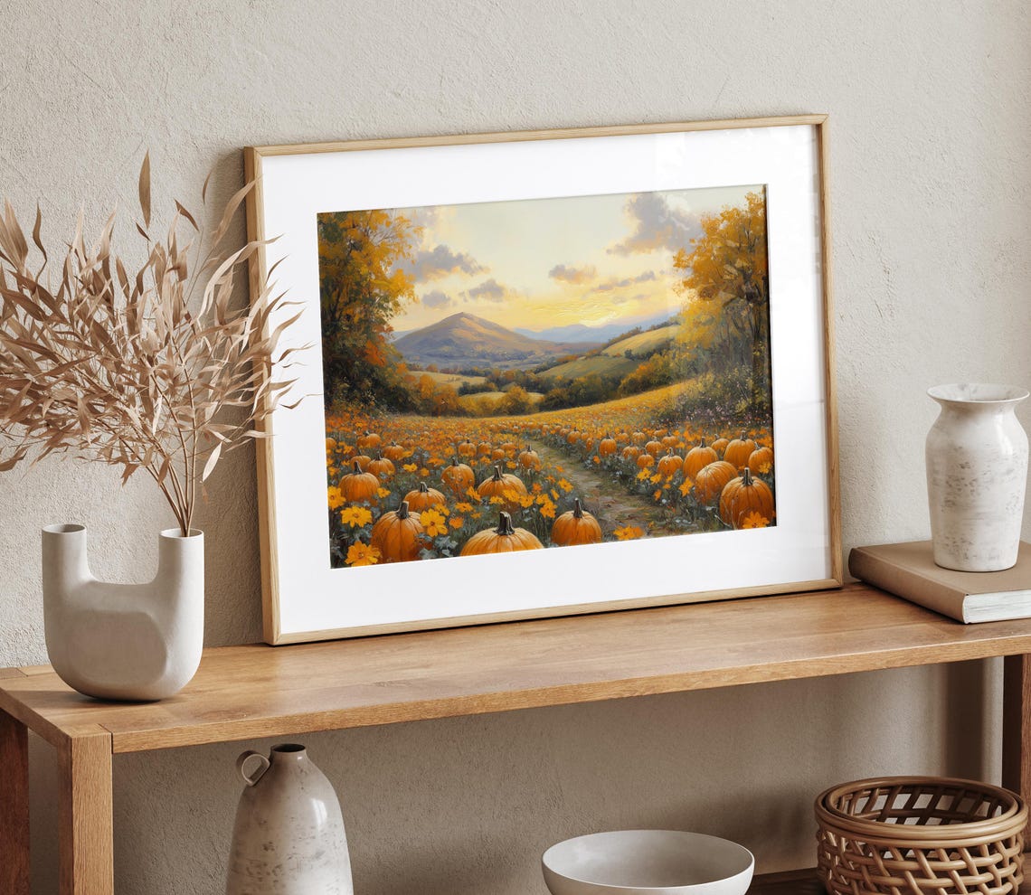 Pumpkin Patch Field Full of Ripe Pumpkins at Golden Sunset Poster - Image 4