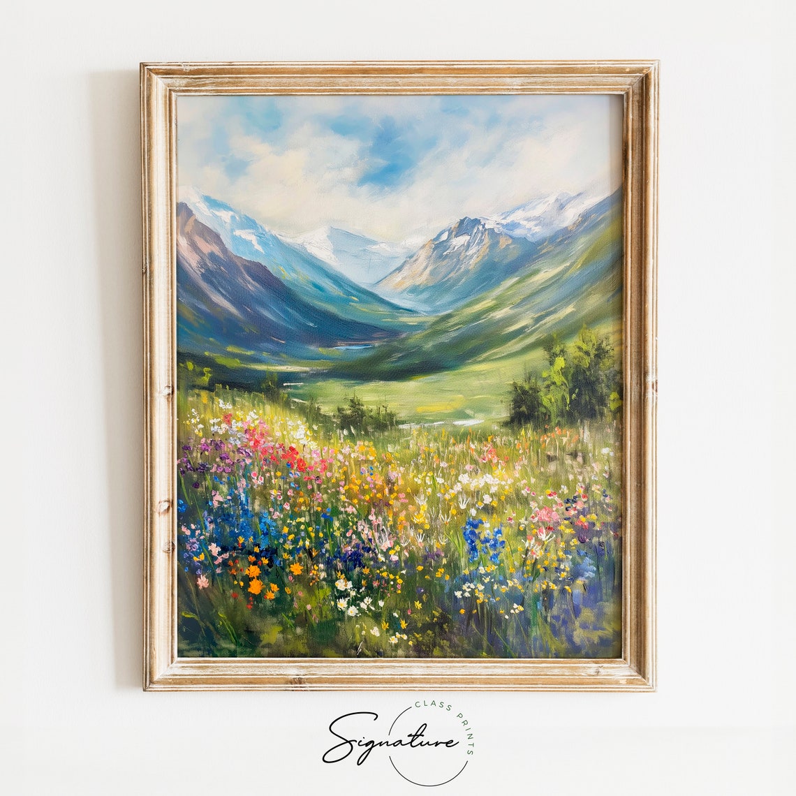 Alpine Valley Wildflower Meadow Beside Lake Mountain View Art Poster