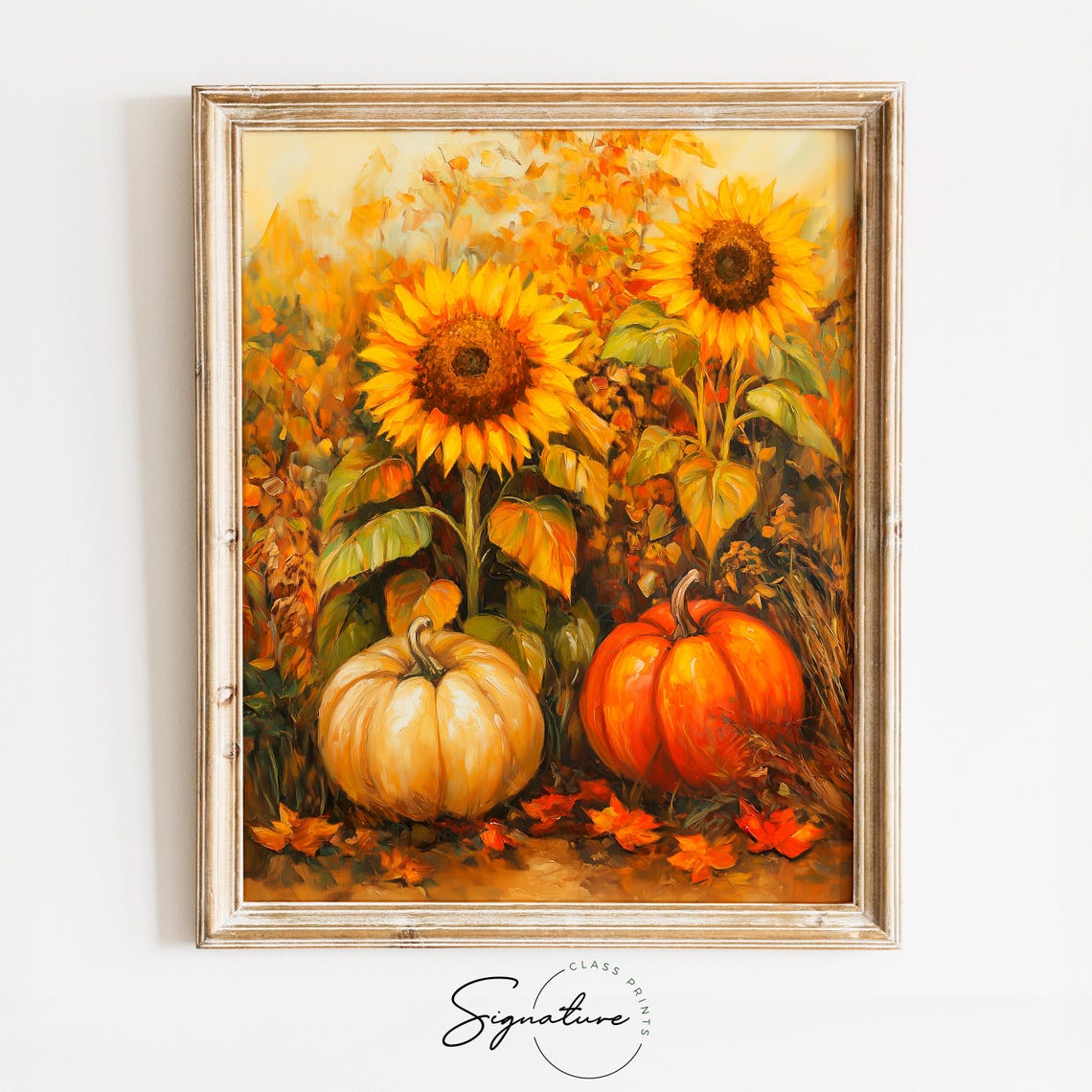 Bright Sunflowers and Pumpkins in a Golden Autumn Garden Poster