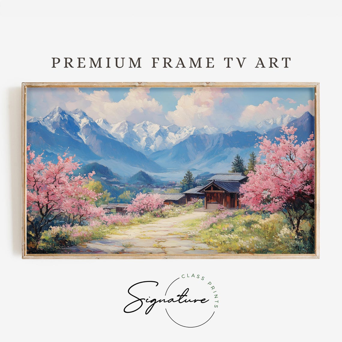 Cherry Blossom Village And Snowy Peaks Spring Frame TV Wall Art