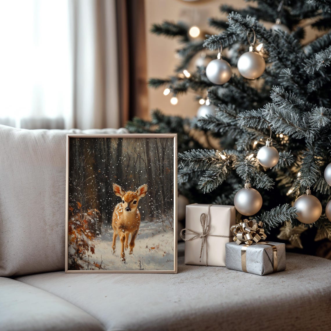 Fawn Walking in Falling Snow Winter Forest Oil Painting Print - Image 5