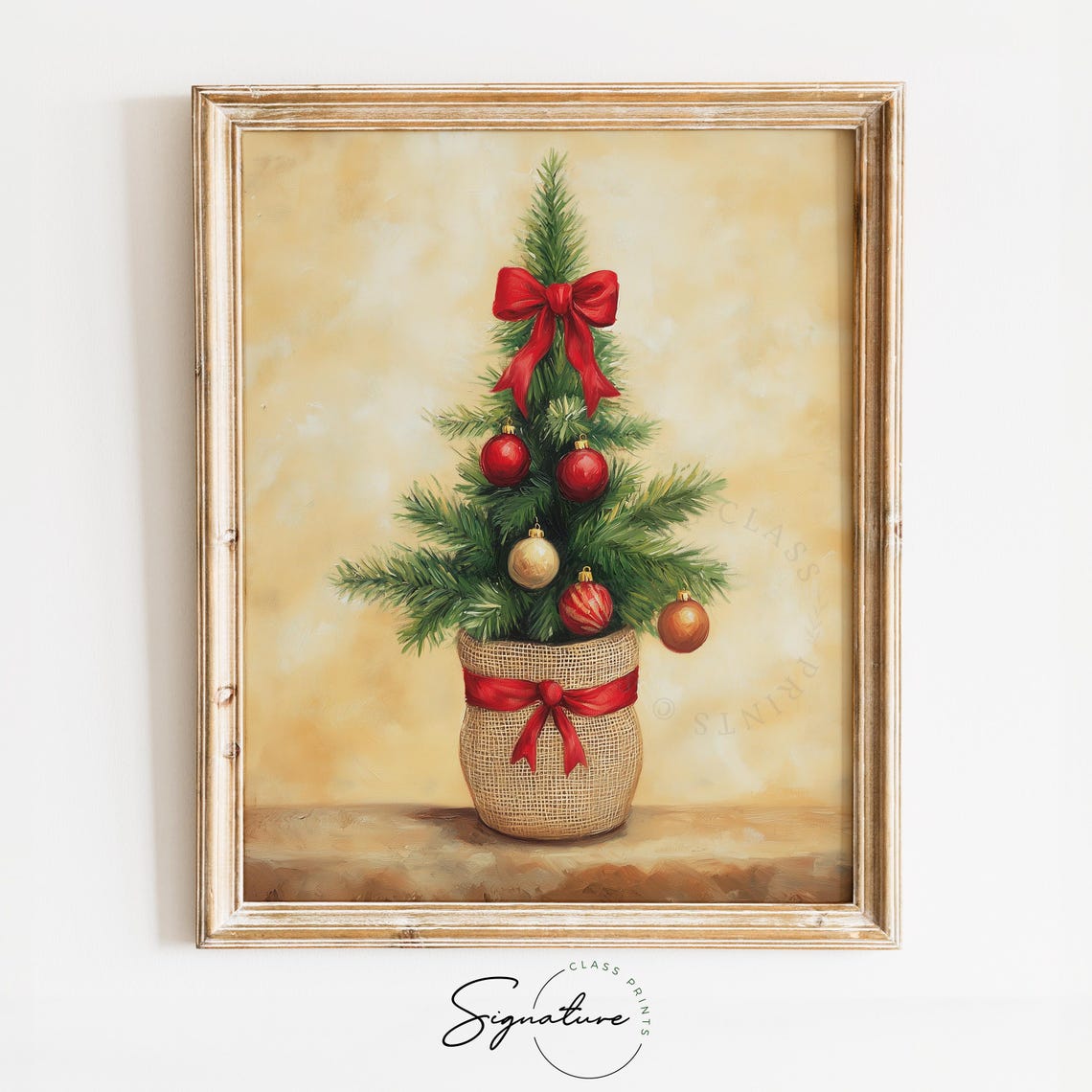Mini Christmas Tree In Burlap Pot With Red Bow And Baubles Poster
