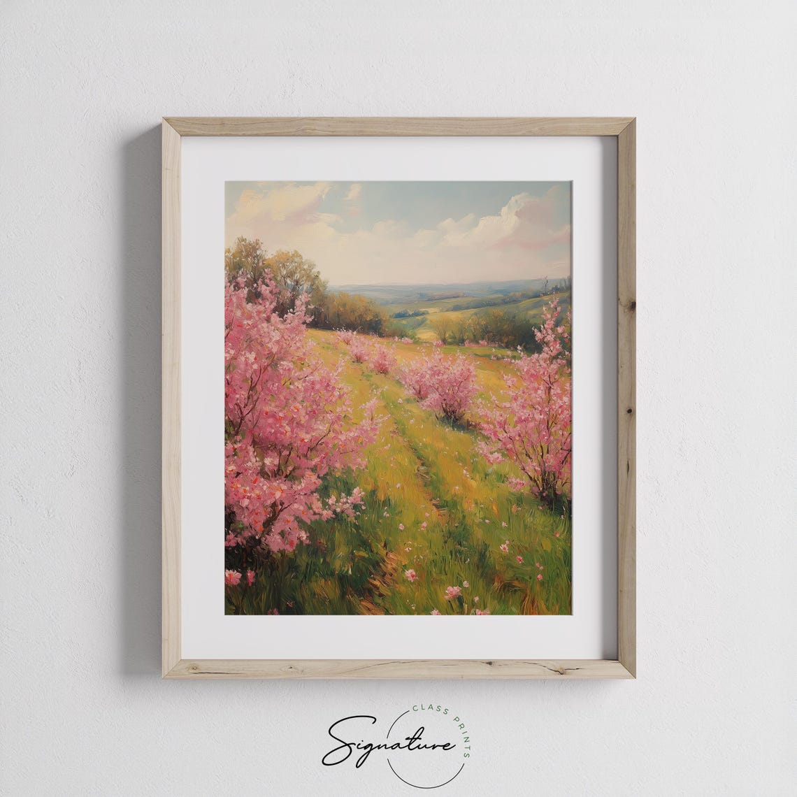Pink Blossoms On Lush Hillside Romantic Spring Meadow Landscape Poster - Image 2