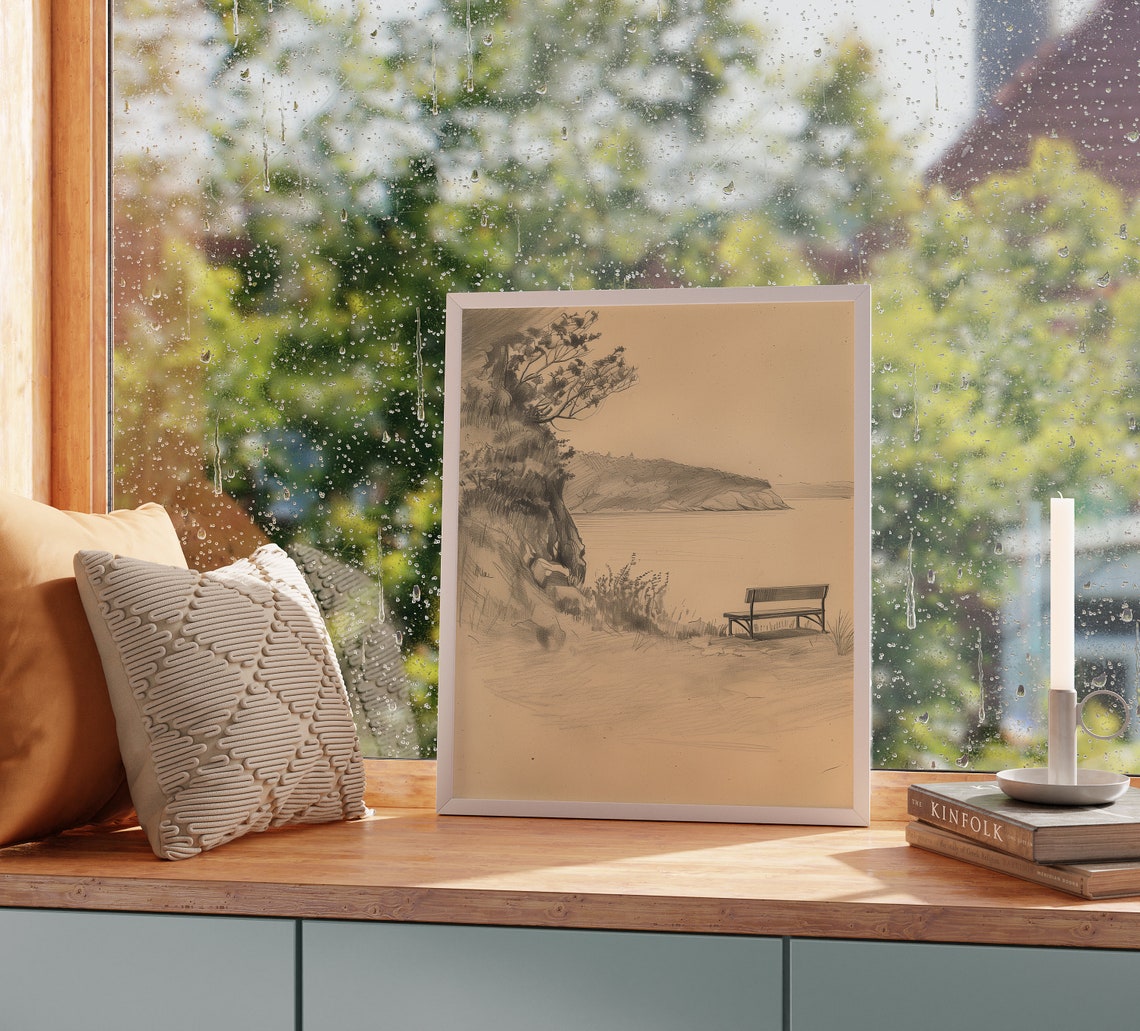 Secluded Cove Overlook Bench Cliff Sepia Landscape Sketch Poster - Image 2