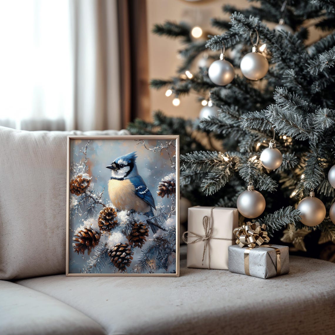 Blue Jay Among Snow Dusted Pinecones Winter Bird Painting Poster - Image 5