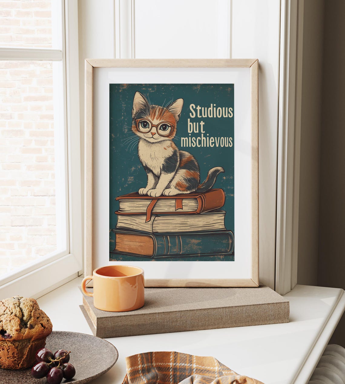 Studious But Mischievous Funny Cat With Glasses On Books Quote Poster - Image 6
