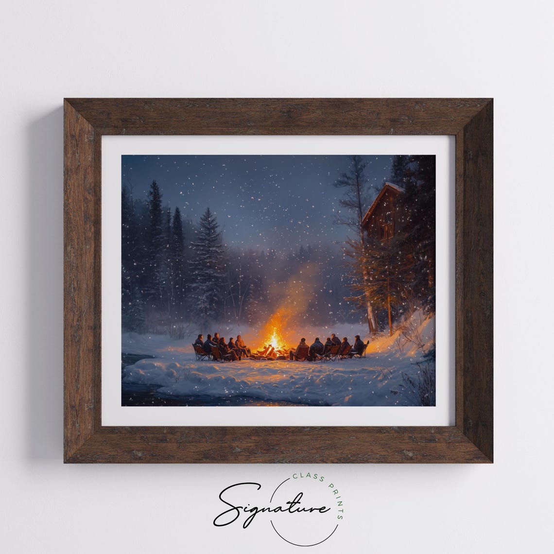Friends Gathered Around Bonfire in Snowy Night Forest Cozy Art Poster - Image 5