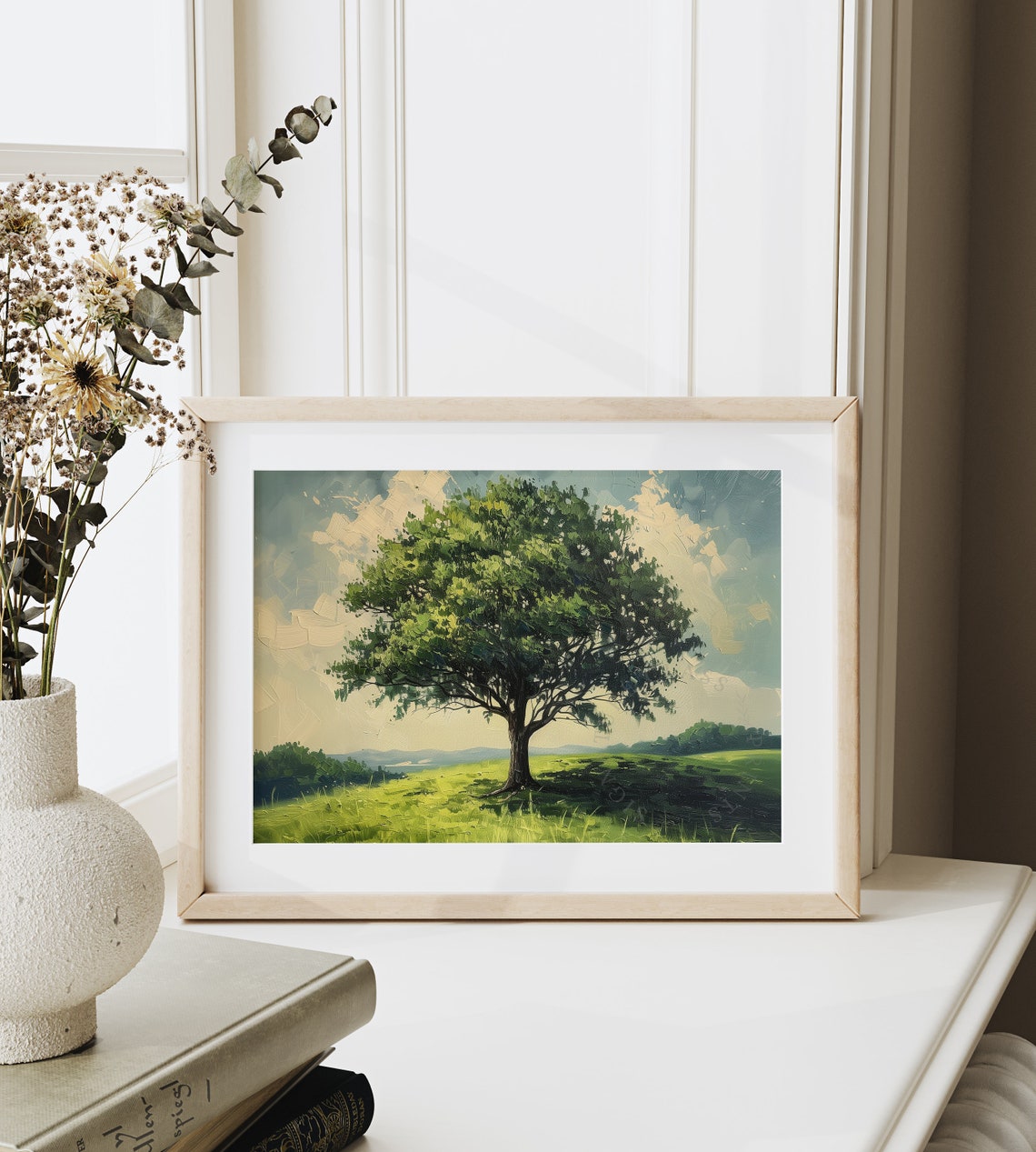 Lone Oak Tree In Lush Green Summer Meadow Impressionist Oil Poster - Image 6