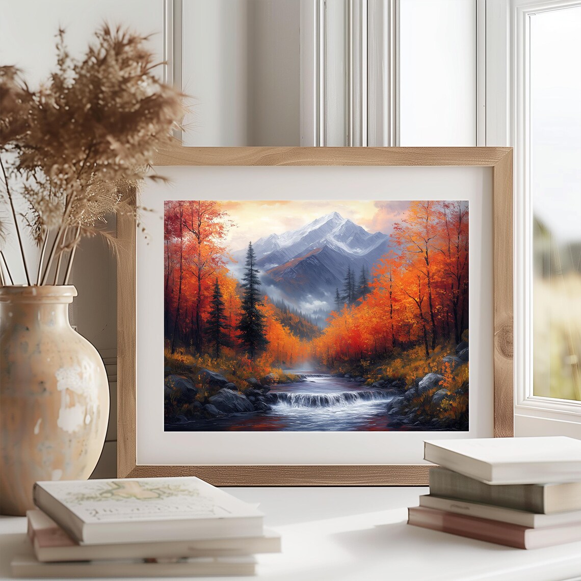 Rushing Mountain Stream Through Autumn Forest With Snowy Peak Beyond Wall Art - Image 2