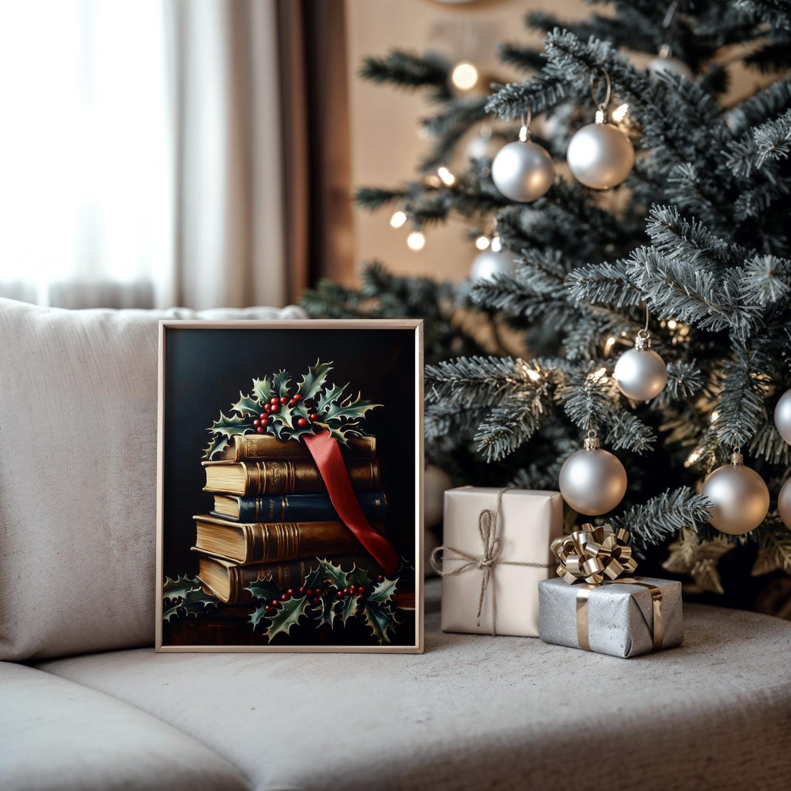 Stack Of Vintage Books With Red Ribbon And Holly Holiday Poster - Image 6