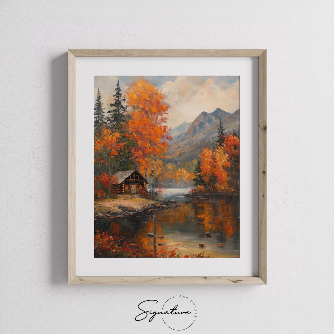Lakeside Mountain Cabin Ringed By Orange Autumn Trees Art Poster - Image 3