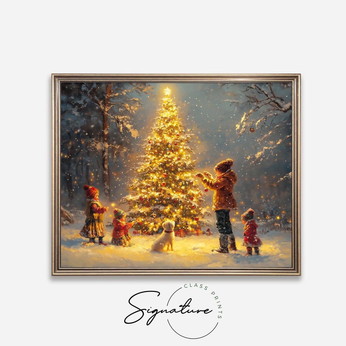 Children and Dog Decorating a Tall Christmas Tree in Snow Poster - Image 4