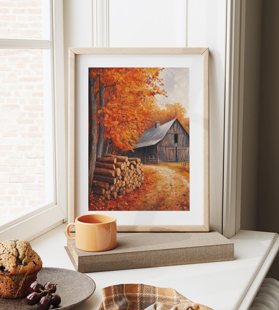 Cut Log Stack Weathered Barn Fiery Maple Autumn Painting Print - Image 6