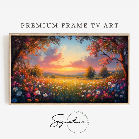 Sunset Wildflower Meadow Vibrant Spring Blossoms Colorful Landscape Art Poster