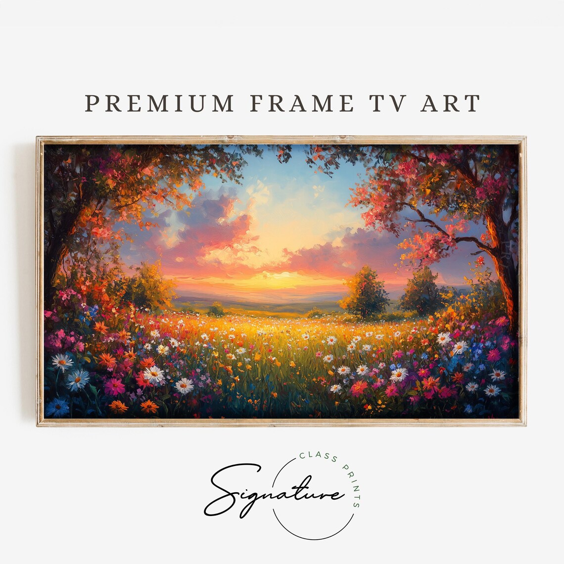 Sunset Wildflower Meadow Vibrant Spring Blossoms Colorful Landscape Art Poster