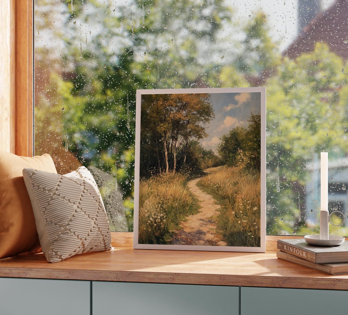 Sunlit Wildflower Meadow Path With Trees Under Bright Blue Sky Poster - Image 5
