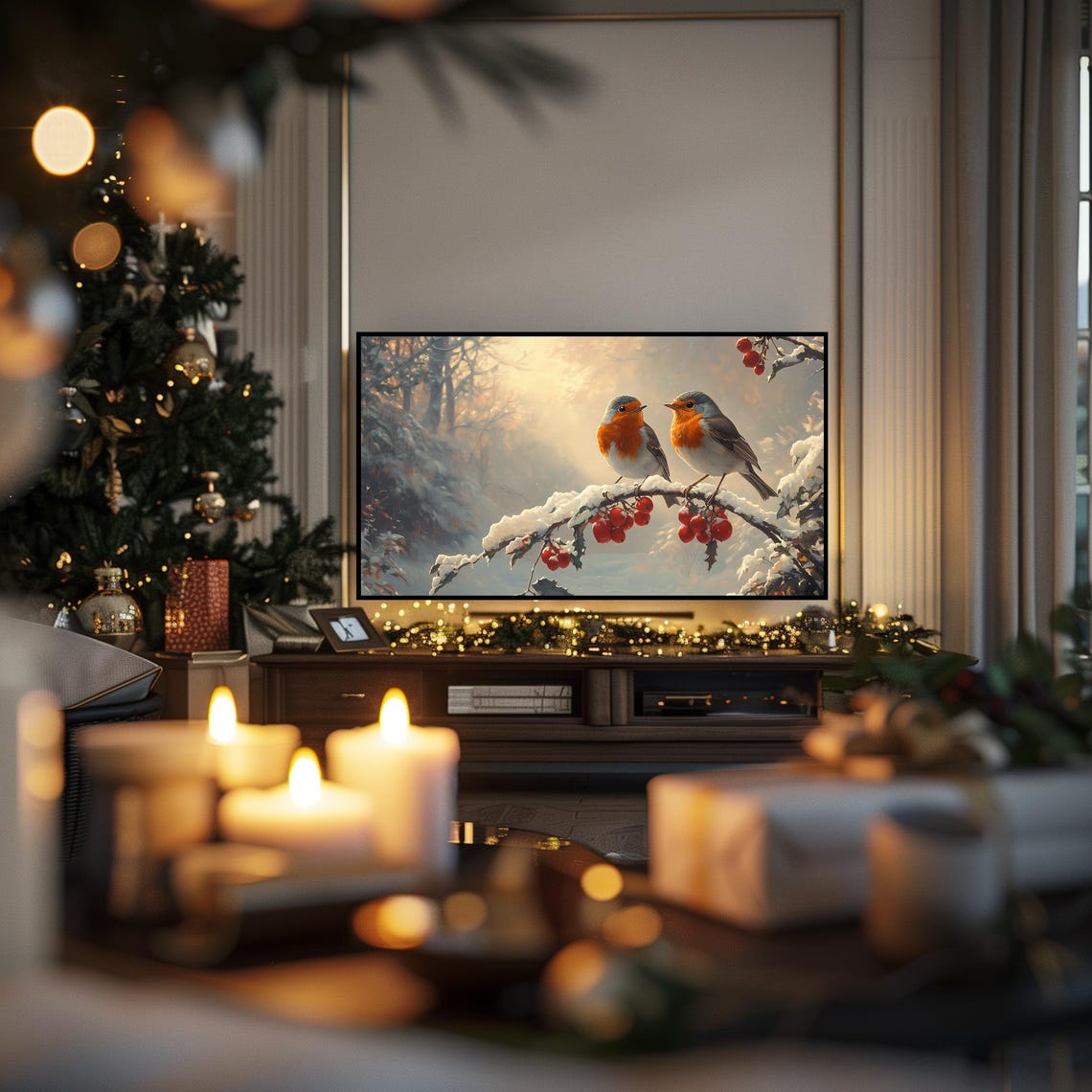 Two Robins on Snowy Holly Branch With Red Berries Christmas Poster - Image 6
