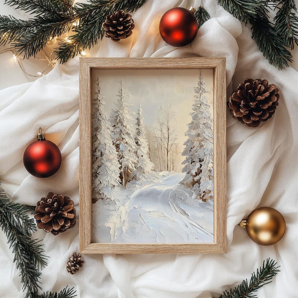 Textured Snowy Forest Path Between Firs Winter Impasto Poster - Image 4