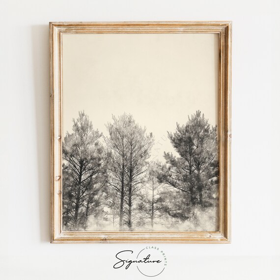 Sparse Pines In Early Snowfall Misty Winter Forest Painting Poster