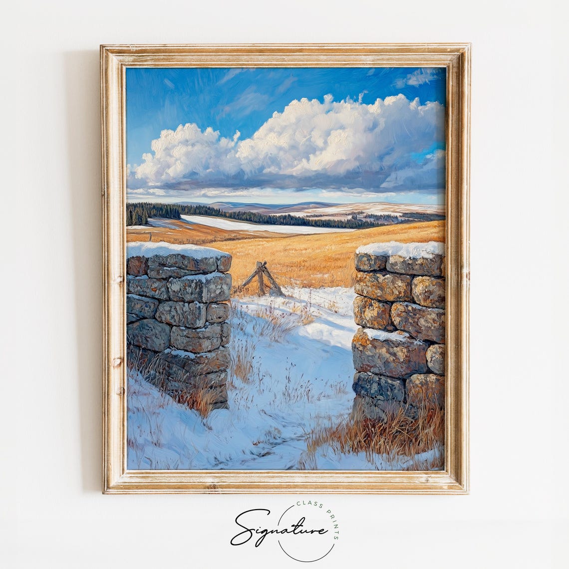 Rustic Stone Gate Snowy Pasture Golden Winter Landscape Poster