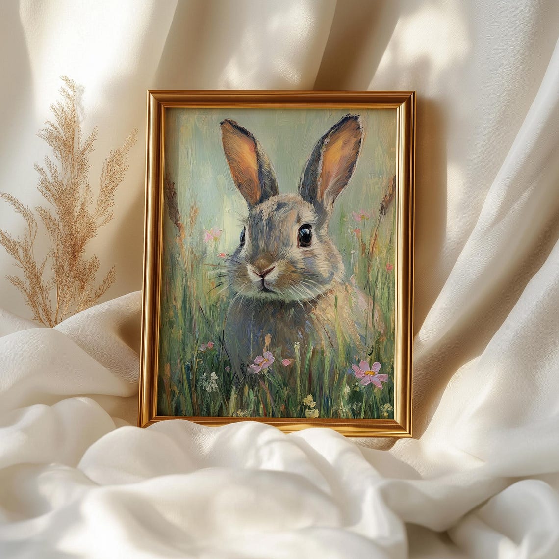 Bunny In Grassy Spring Field Cute Rabbit Animal Painting Wall Art - Image 2