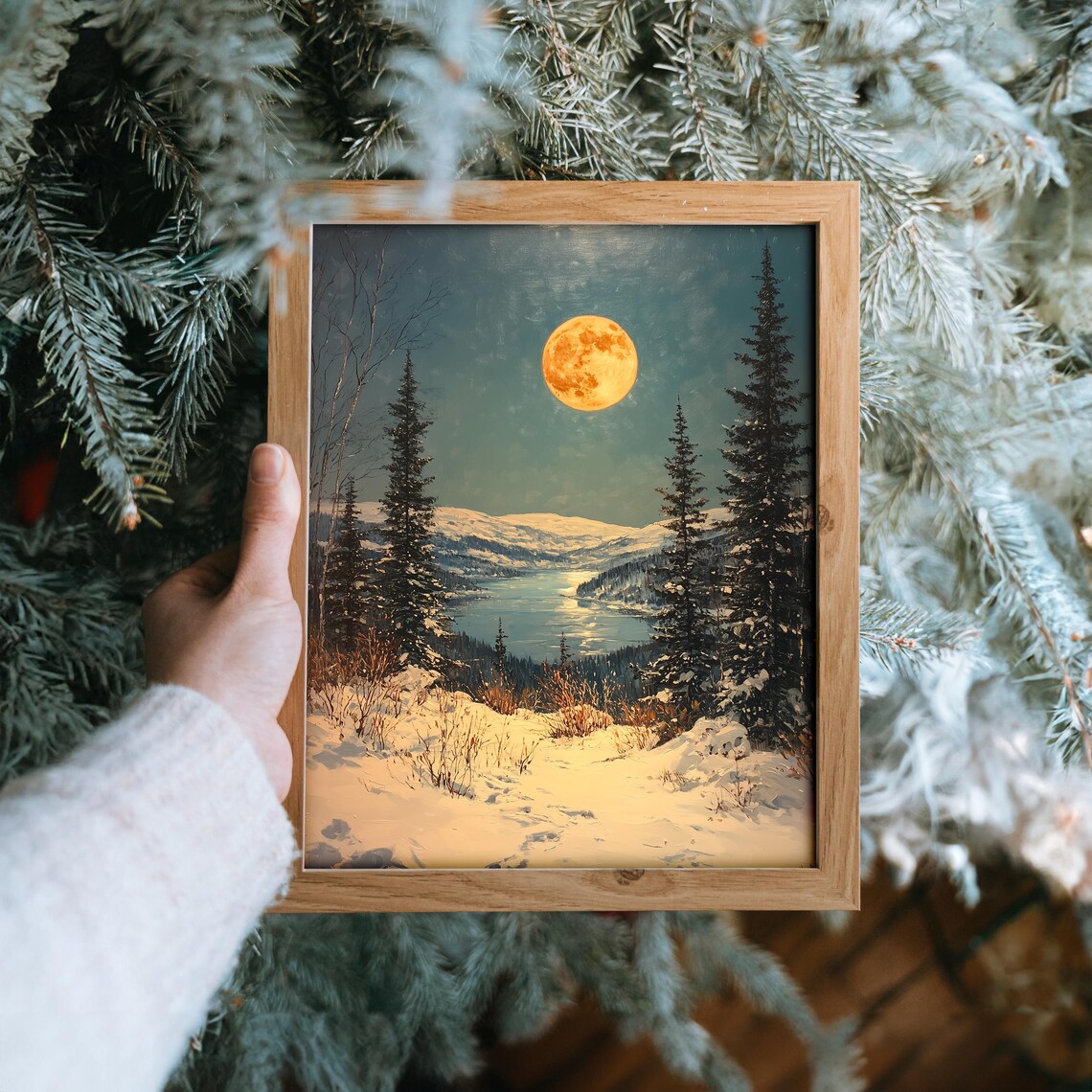 Golden Full Moon over Snowy Lake and Mountains Night Sky Poster - Image 6