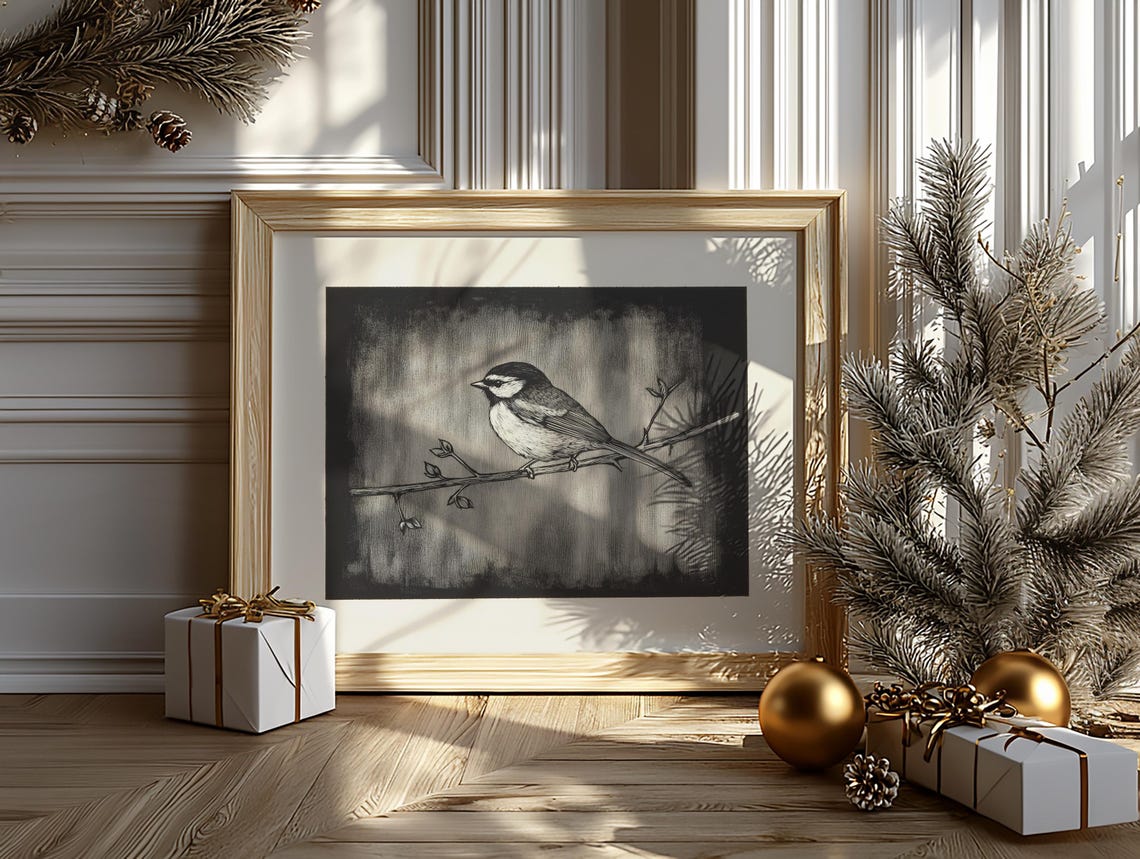 Chickadee On Winter Branch Black And White Sketch Art Poster - Image 3