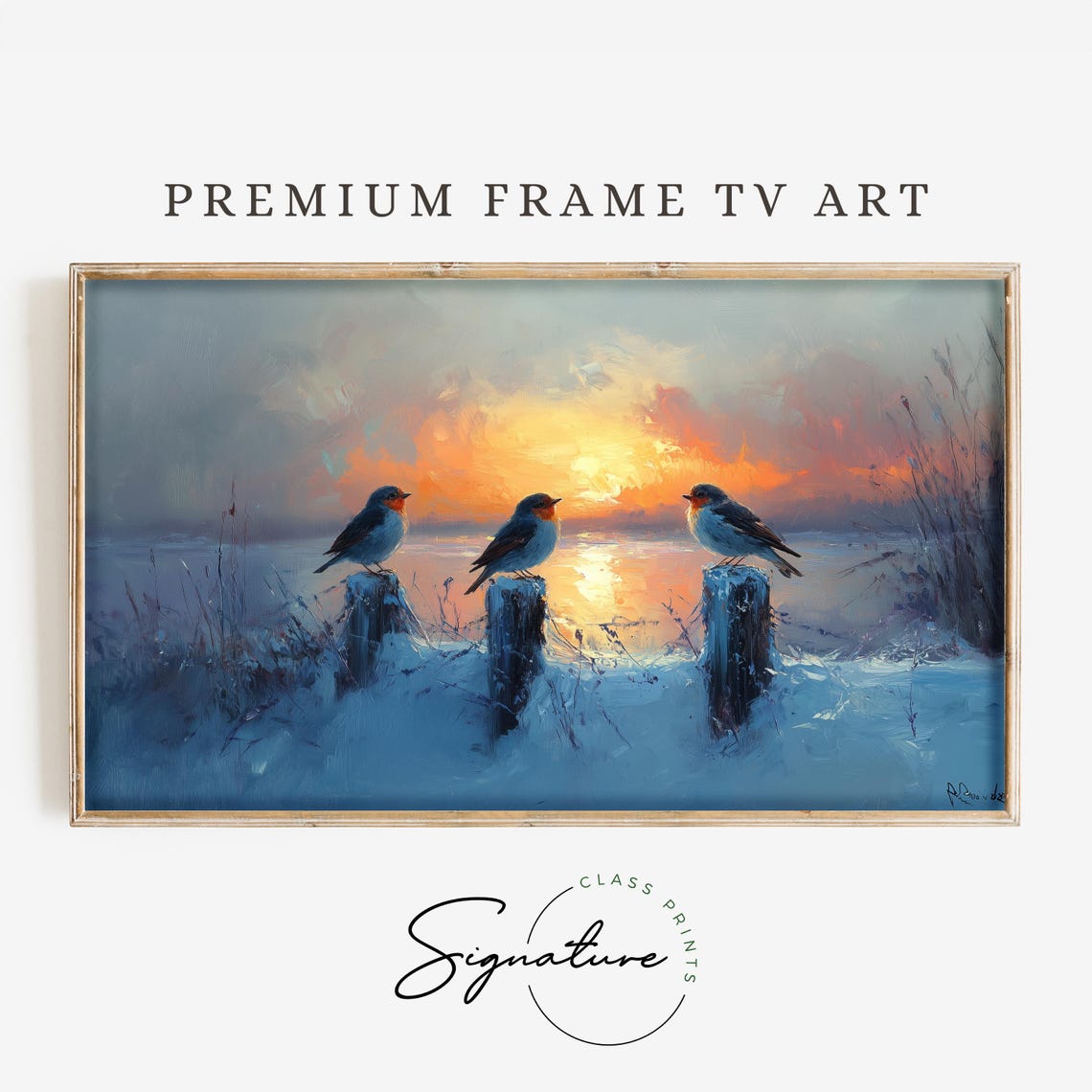 Three Robins on Fence Posts Winter Sunset Snowy Field Poster