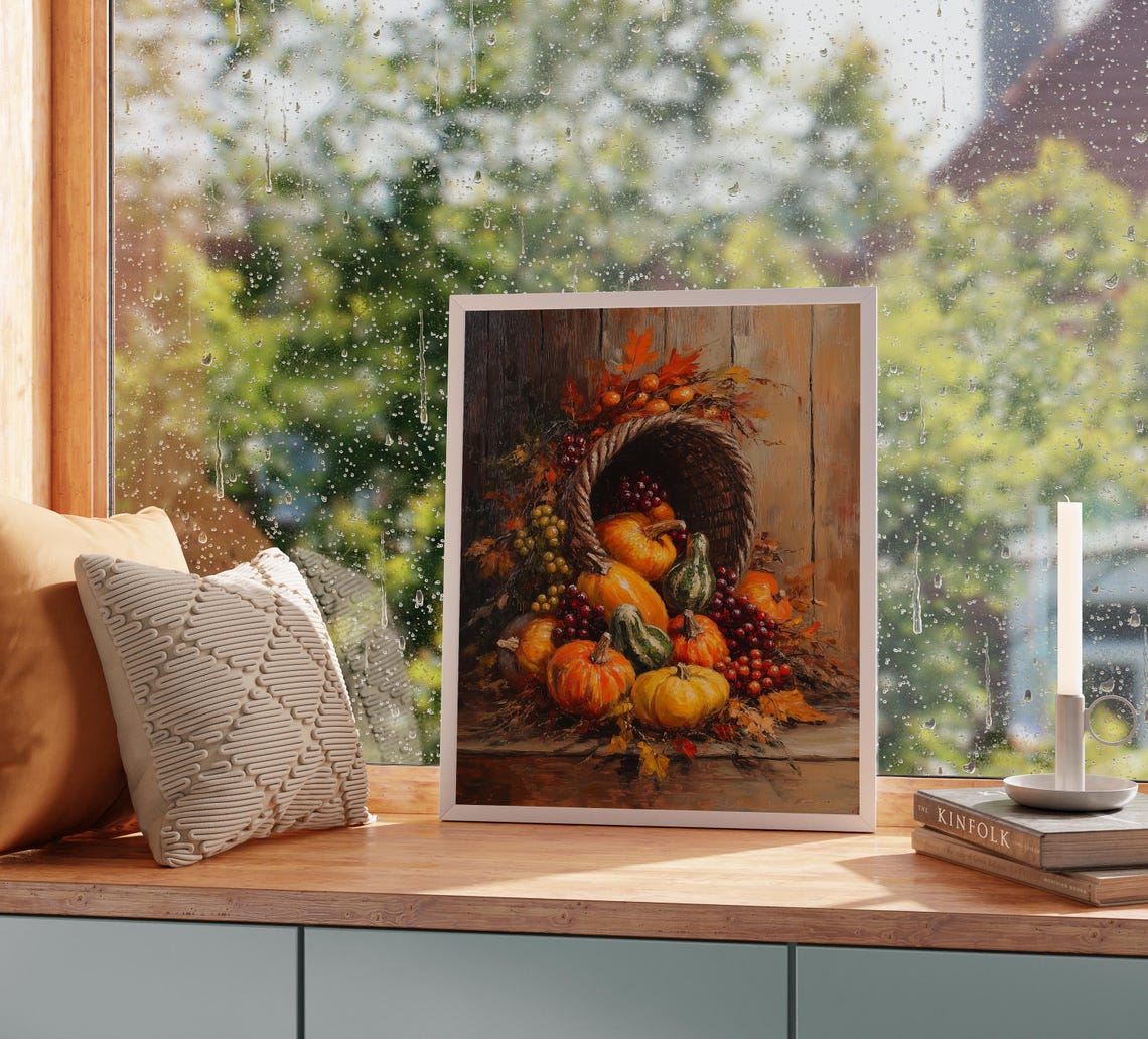 Cornucopia Overflowing With Pumpkins Grapes And Gourds Poster - Image 2