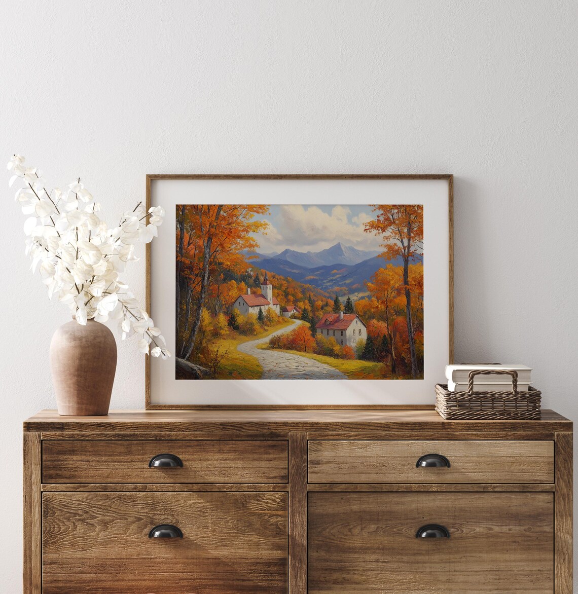 Autumn Village With Red Roofed Church on Winding Road to Mountains Wall Art - Image 3