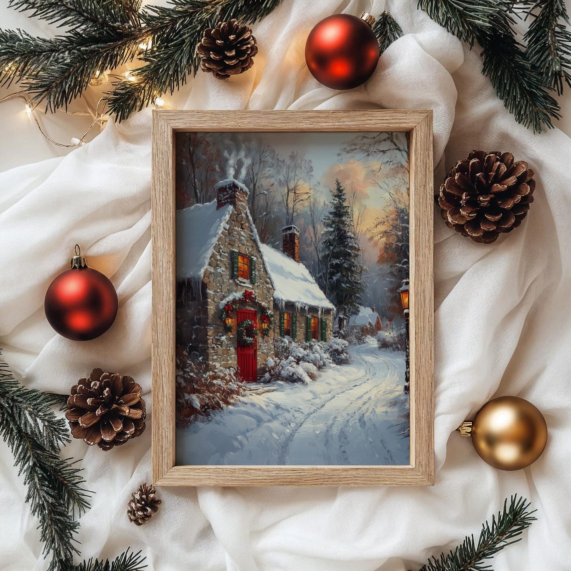 Christmas Cottage with Glowing Windows and Red Door Sunset Poster - Image 4