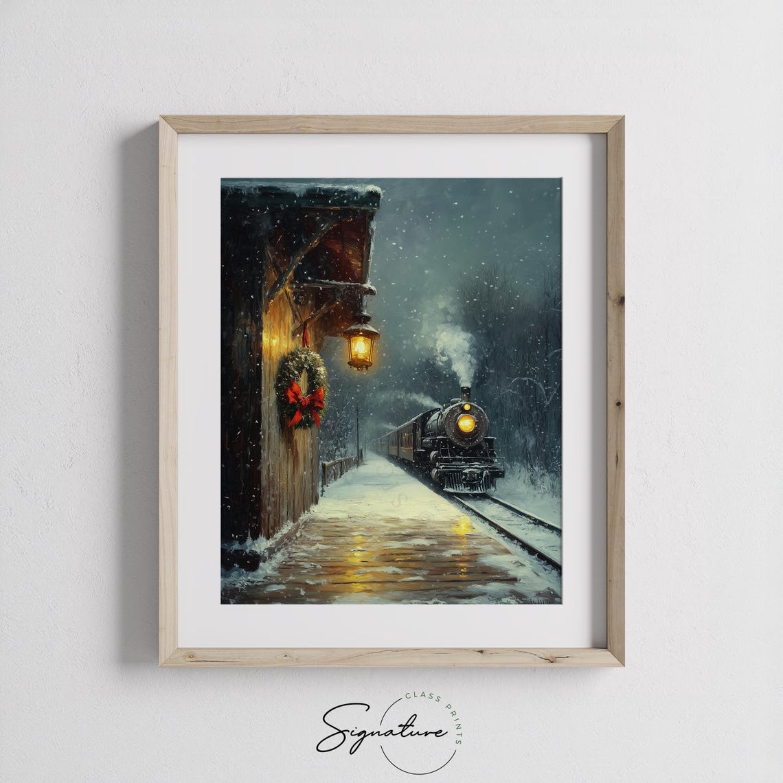 Steam Train Arriving at Snowy Station With Holiday Wreath Night Poster - Image 3