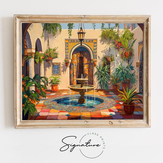 Moroccan Riad Courtyard With Fountain Vibrant Rustic Wall Art Warm Mediterranean Decor Earthy Landscape Painting Print 3594