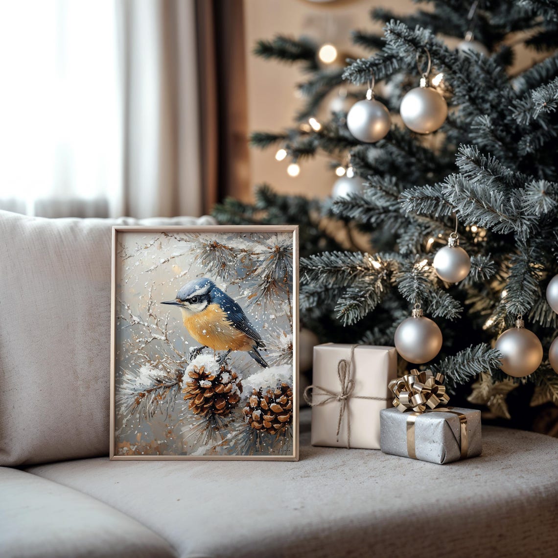 Nuthatch Perched On Snowy Pinecone Frosty Evergreen Bird Art Poster - Image 5