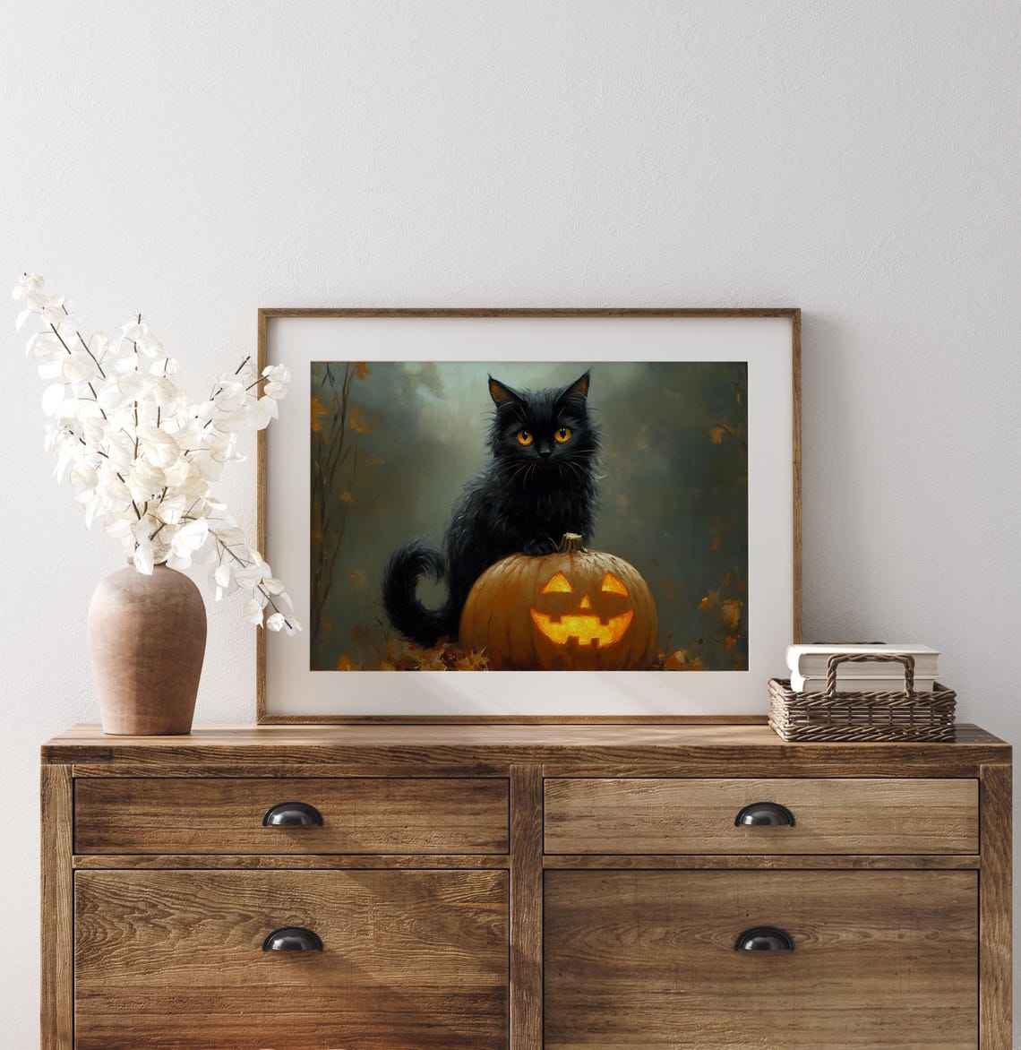 Black Cat With Glowing Amber Eyes Beside a Lit Jack O Lantern Poster - Image 3