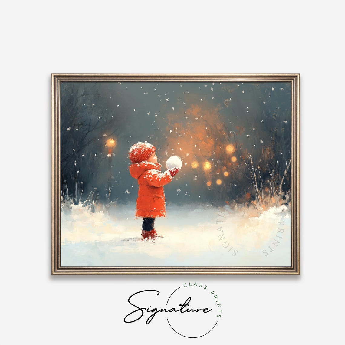 Child in Red Coat Holding Snowball on Snowy Winter Night Art Poster - Image 4