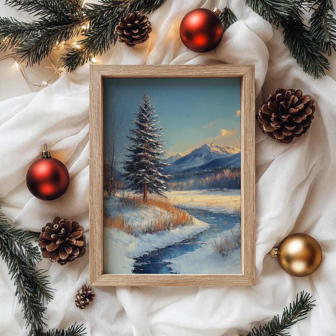 Snowy Mountain Stream with Lone Pine under Golden Sunset Poster - Image 4