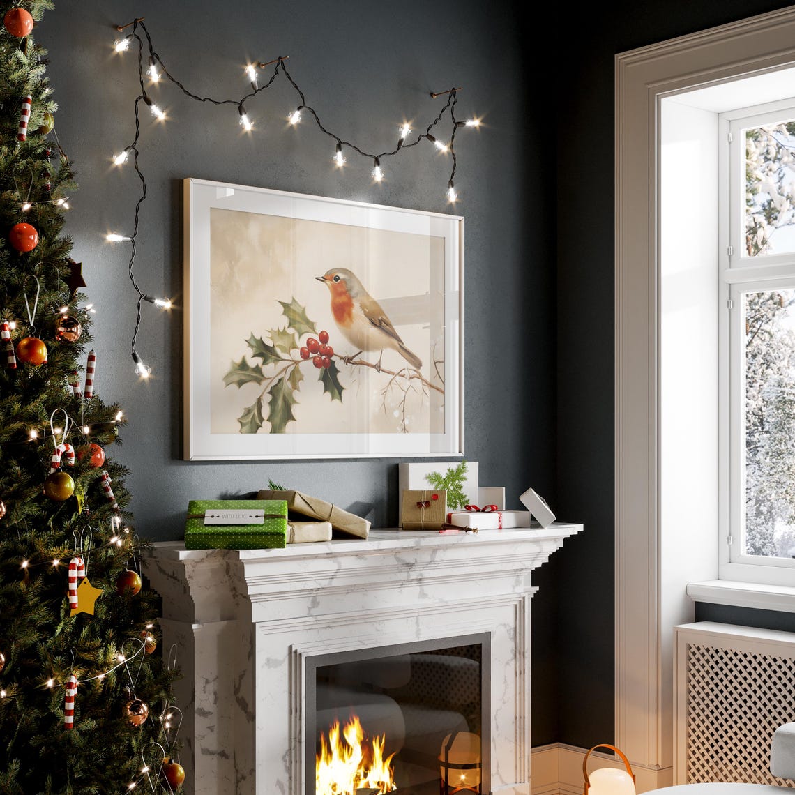 Classic Vintage Robin With Holly And Red Berries Winter Bird Print - Image 2