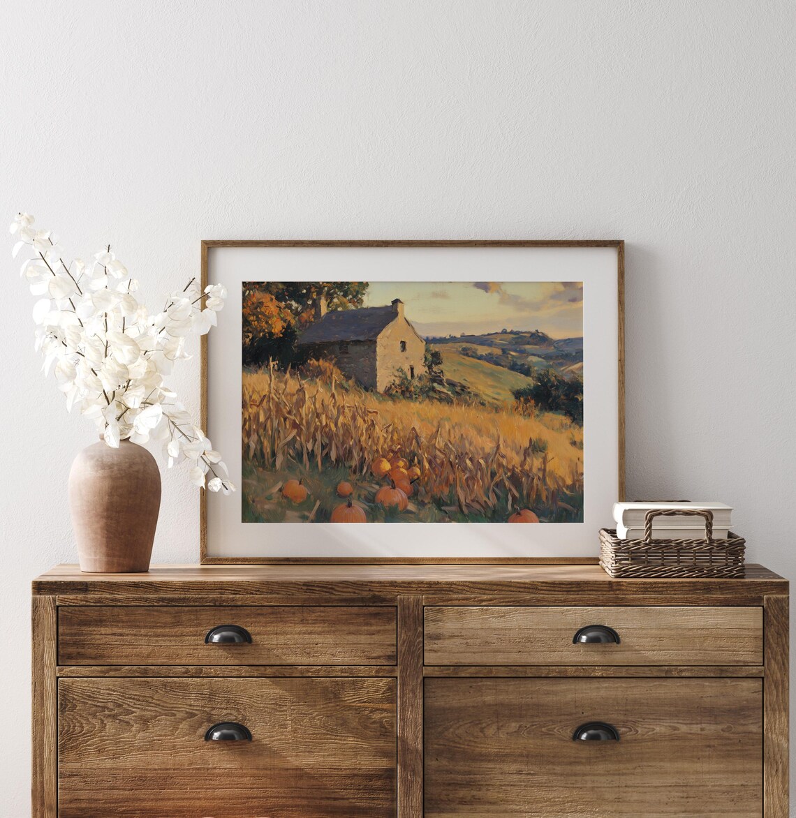 Stone Cottage With Pumpkins Resting in a Golden Cornfield Sunset Poster - Image 3