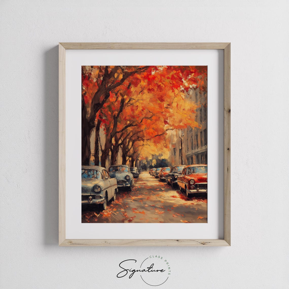 Vintage Classic Cars Lined Up on a Fall Street Under Red Maples Poster - Image 3